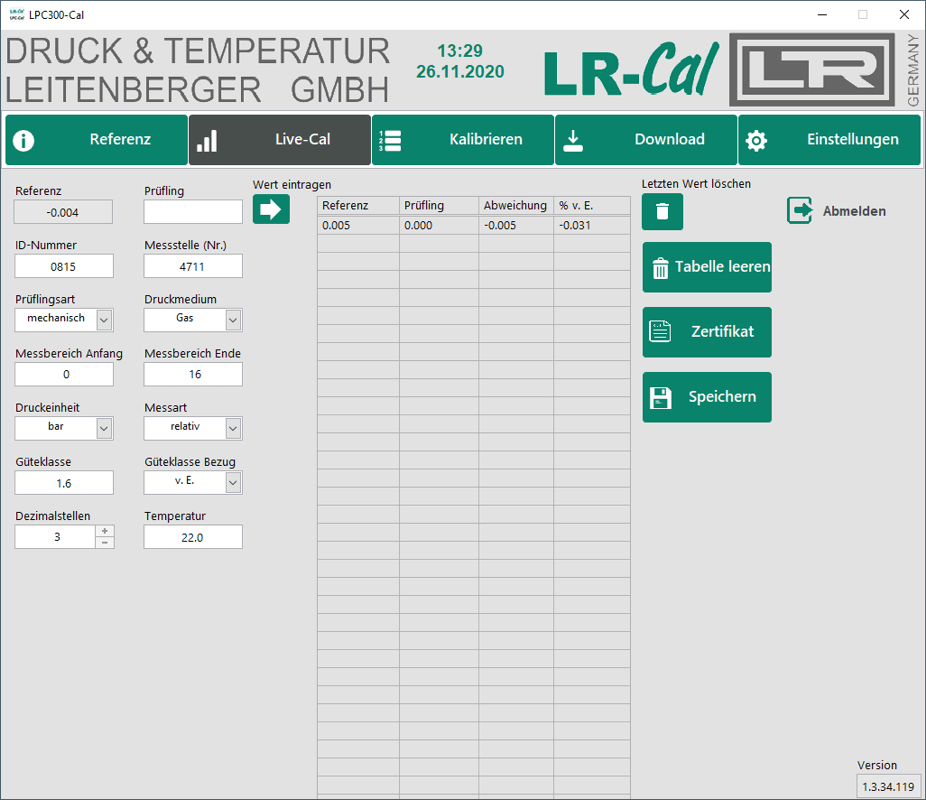 Software LPC300-CAL: Screenshot Live-Kalibrierung