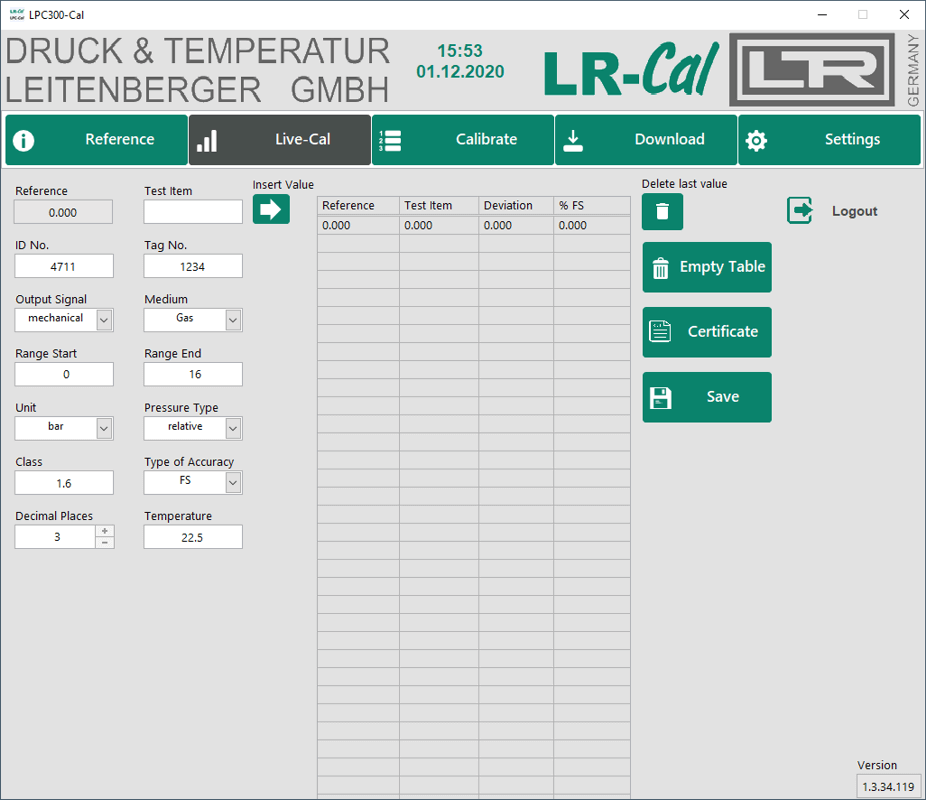 Software LPC300-CAL: Screenshot LIVE calibration